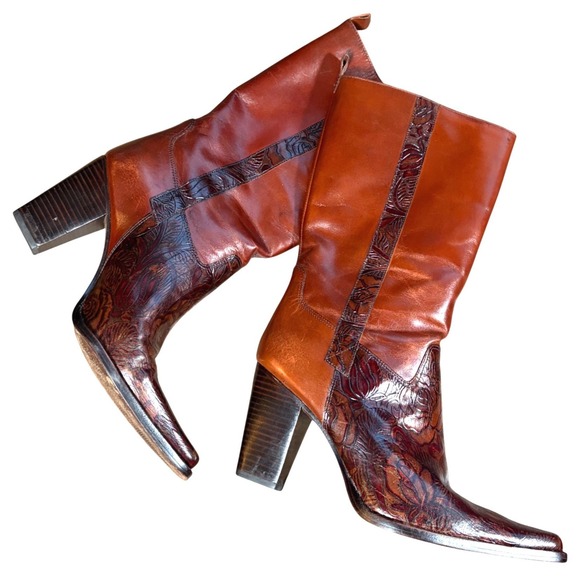 ANTONIO MELANI Shoes - Boho Antonio Melani 8.5 M Floral Embossed Leather Block Heel Boots Cognac Brown